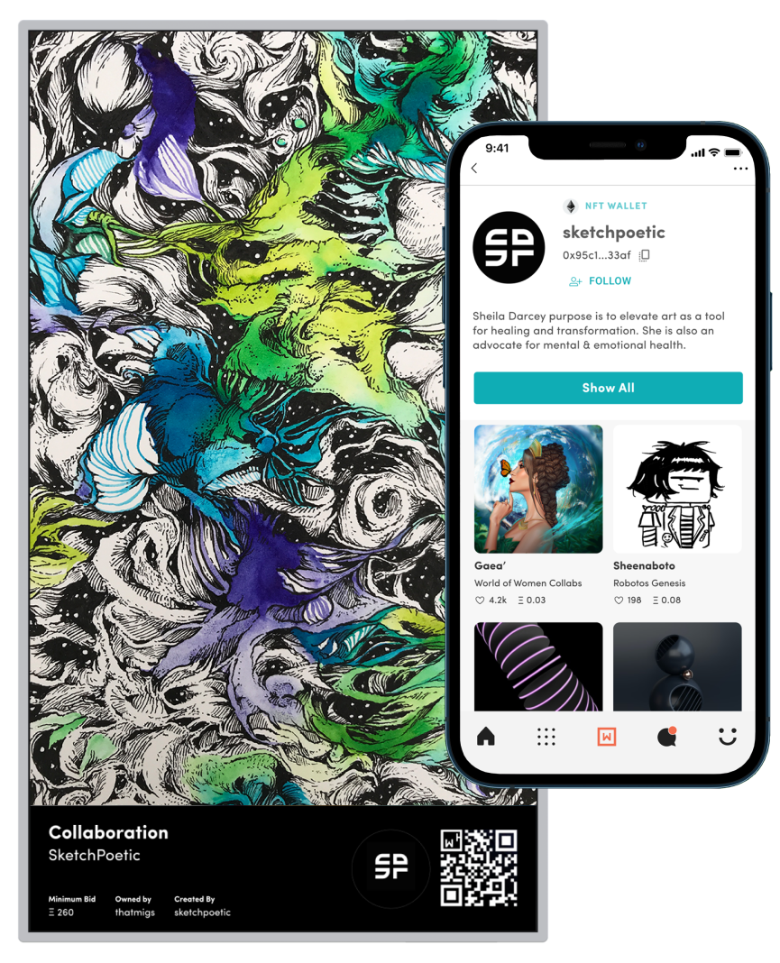 WHIM NFT Canvas takes your art from your wallet to your walls with direct metamask and walletconnect integrations.